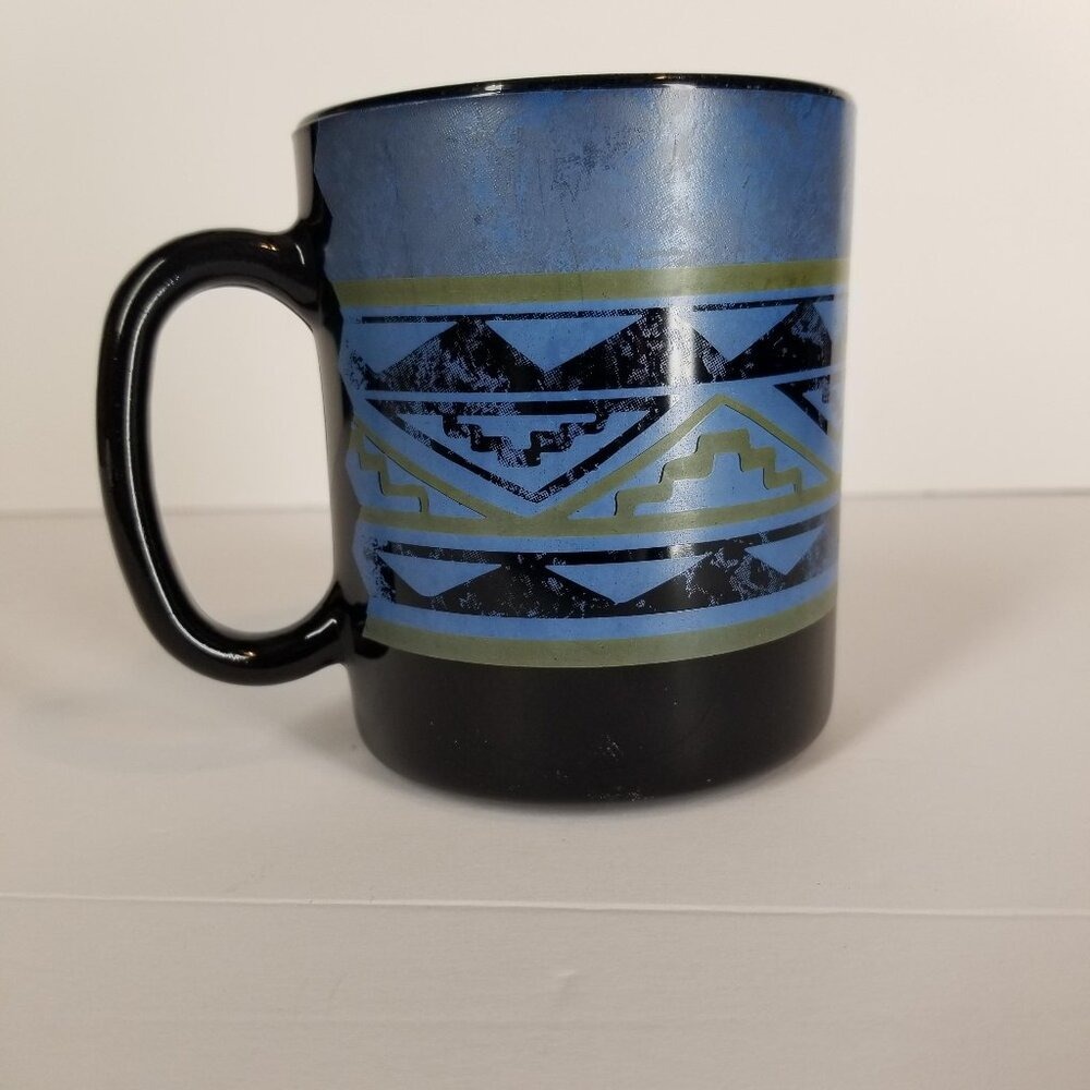 Vintage Arcoroc France Black Glass Mug Southwestern Geometric Blue Green‎ Aztec